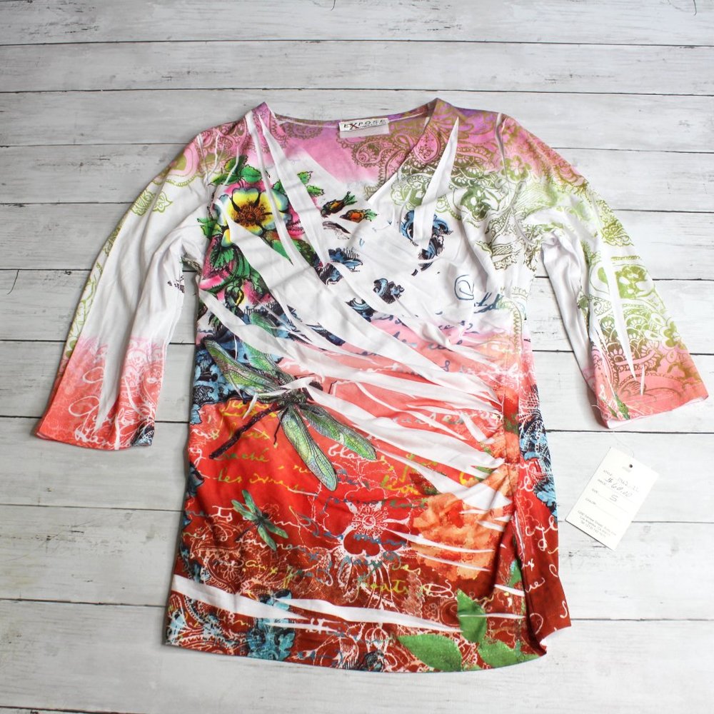Expose Vintage Womens Top Size S White Floral Dragonfly 3/4 Sleeve